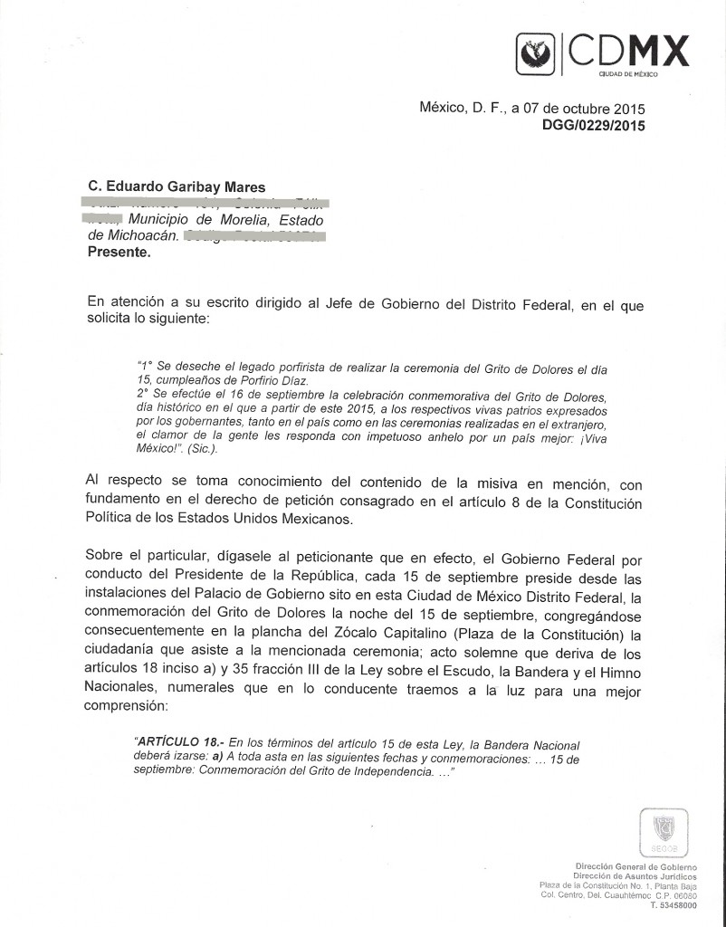 Respuesta del Dr. Miguel Ángel Mancera Espinosa, Jefe de Gobierno del Distrito Federal a propuesta de Celebrar el 16 de septiembre el Grito de Dolores