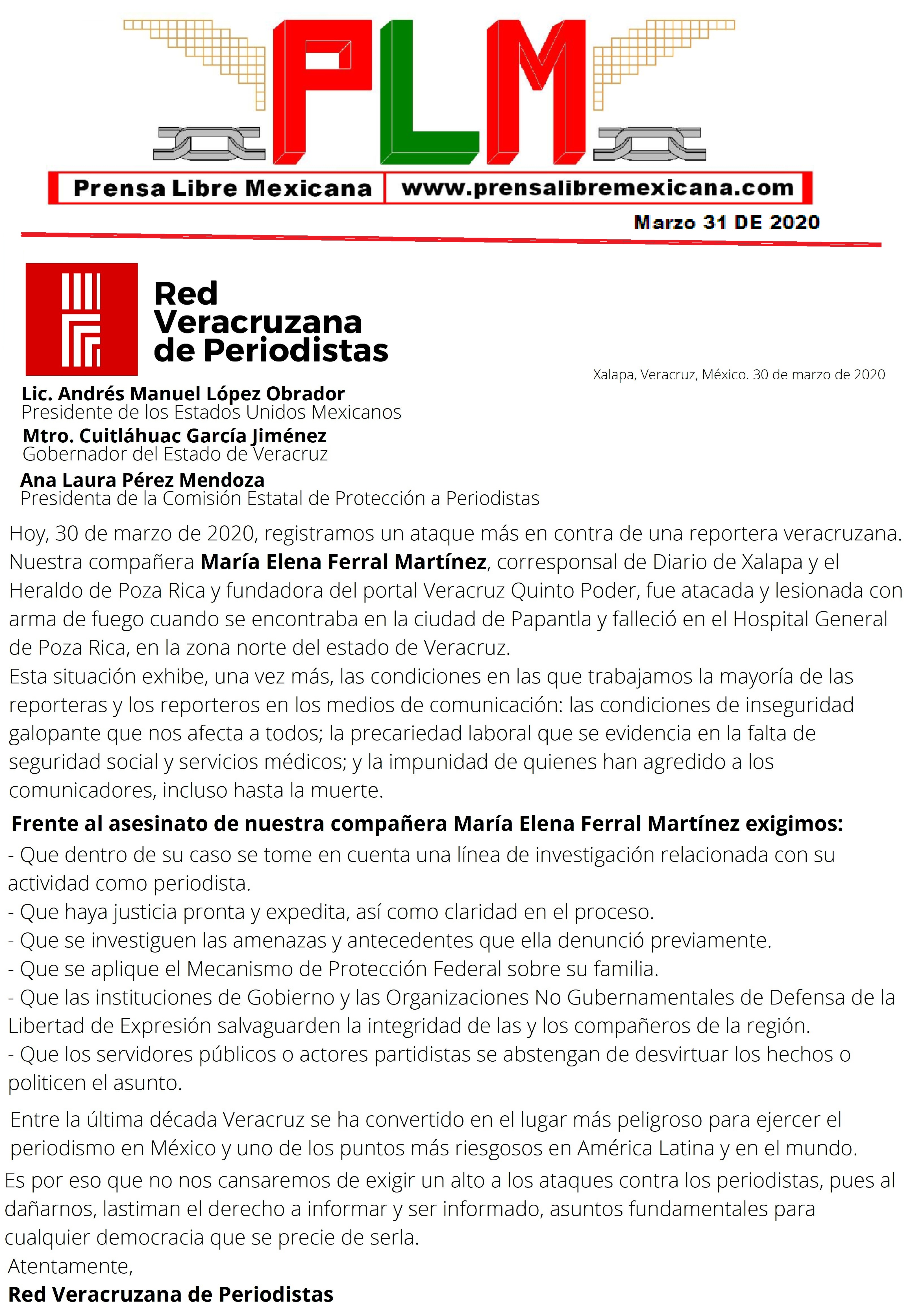 Pronunciamiento por asesinato de la periodista Maria Elena Ferral - Red Veracruzana De Periodistas. PLM
